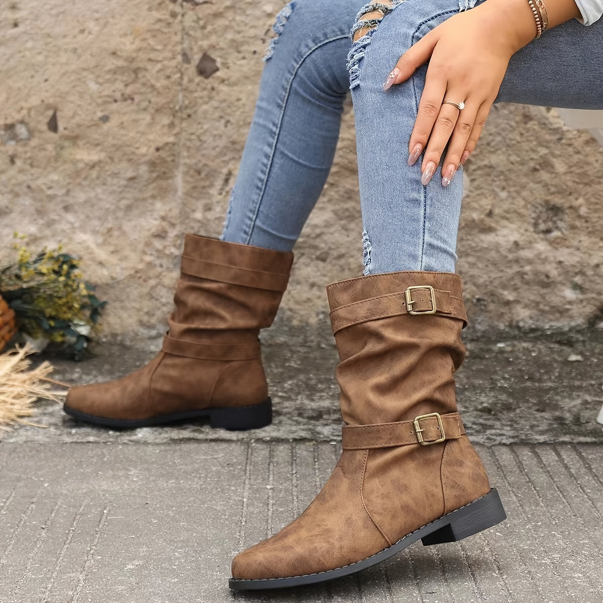 ModeGeist | Retro-Charme Schlabbernde Schnallen-Riemen Western Stiefeletten
