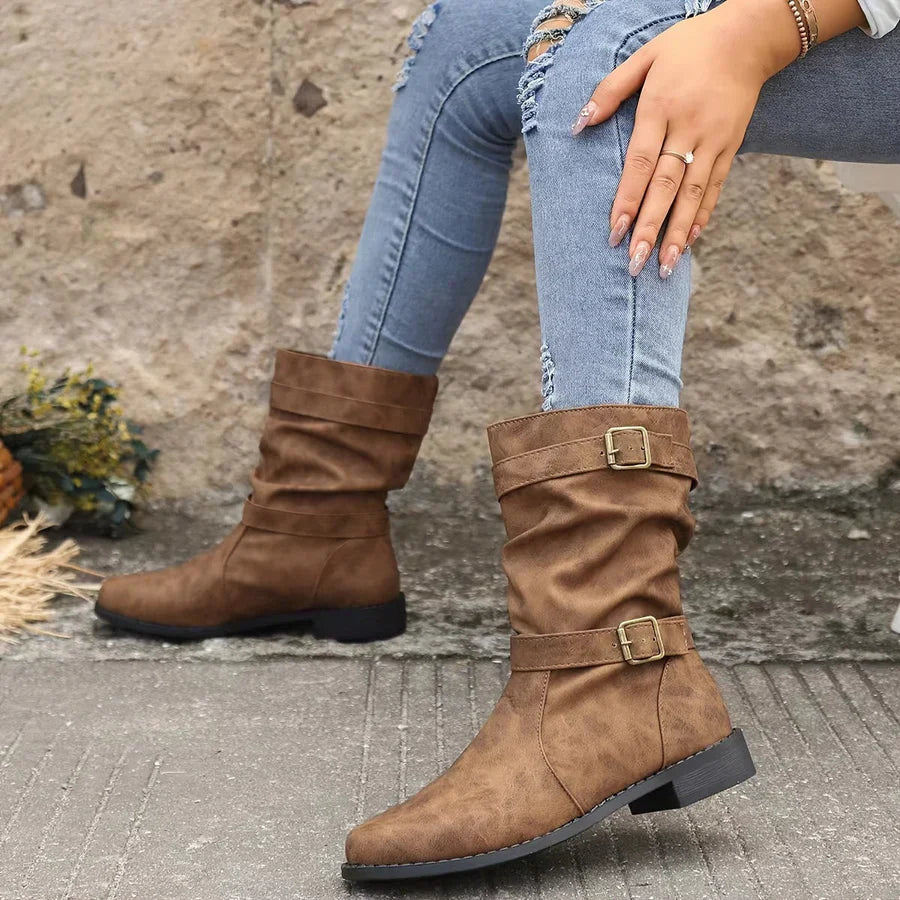 ModeGeist | Vintage Schnalle Strap Western Ankle Boots für Frauen