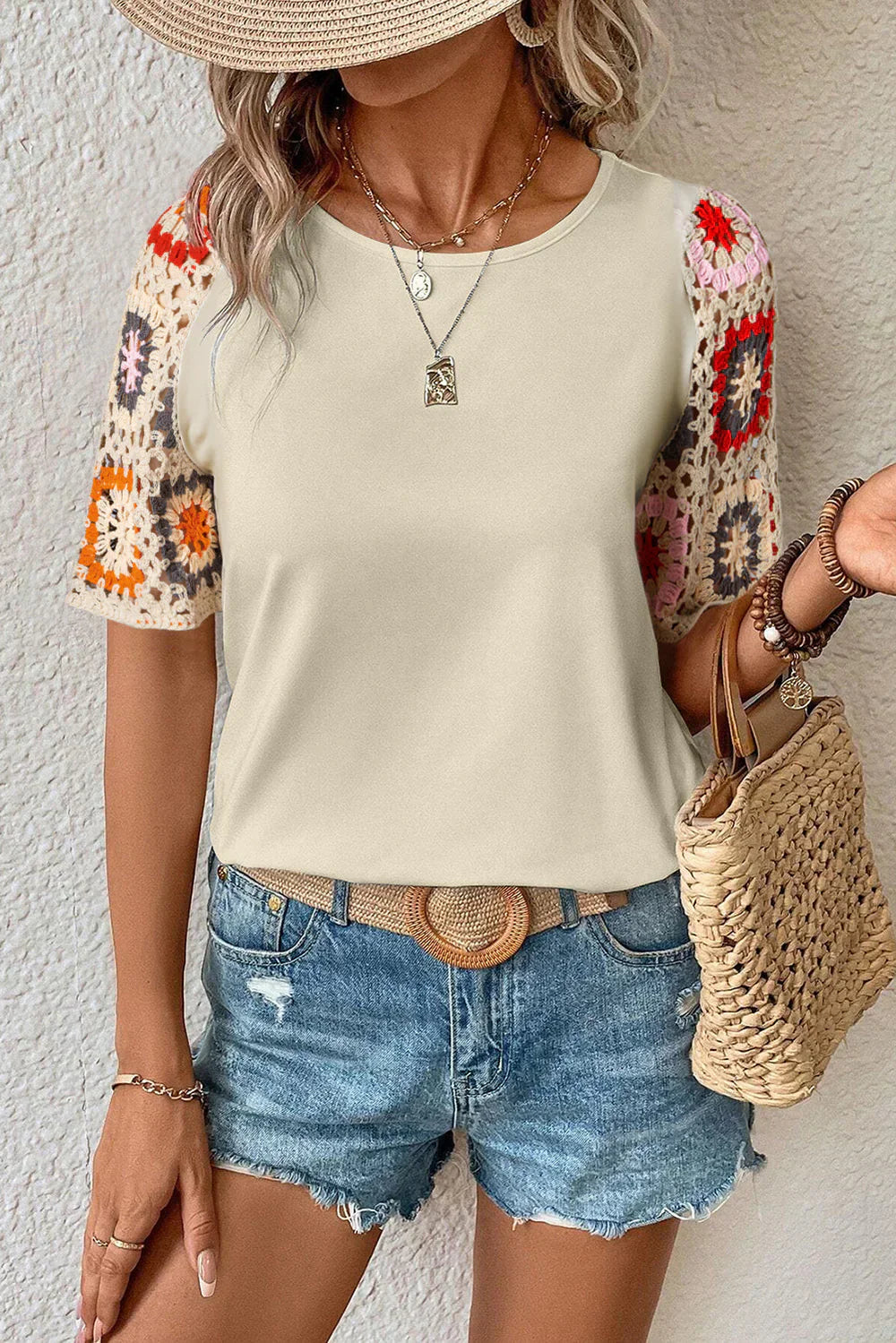 Gehäkeltes Kurzarm Top von Fudus mit Blumenmuster