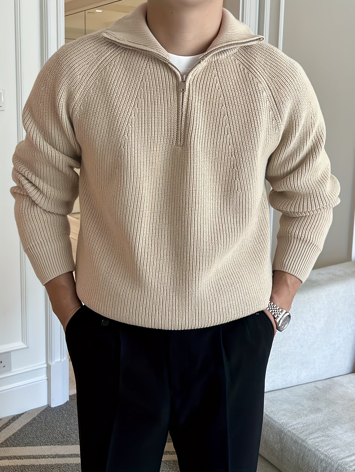 ModeGeist | Rippstrickpullover mit Hohem Kragen und Reißverschluss Baumwolle Elegant und Bequem