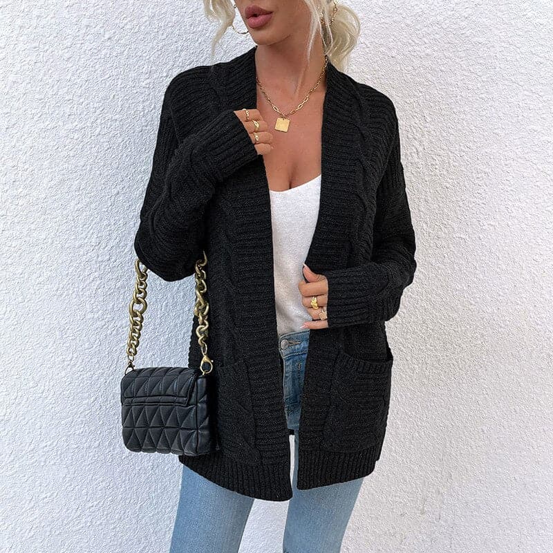 ModeGeist | Cardigan - Strick Kabelstrick - Offene Front - Lange Ärmel mit Taschen