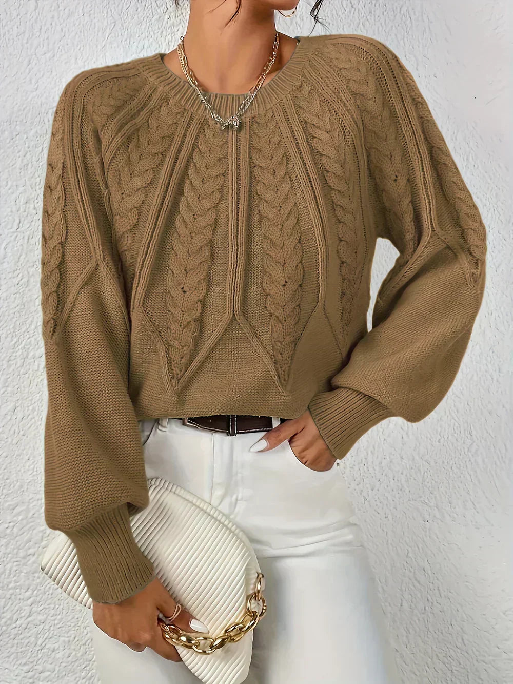 MODEGEIST Damen Strickpullover Cable-Knit Oversize Beige Baumwolle