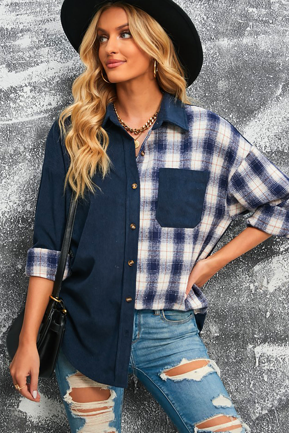 ModeGeist | Karierte Farbblock Gefallen Schulter Corduroy Shacket