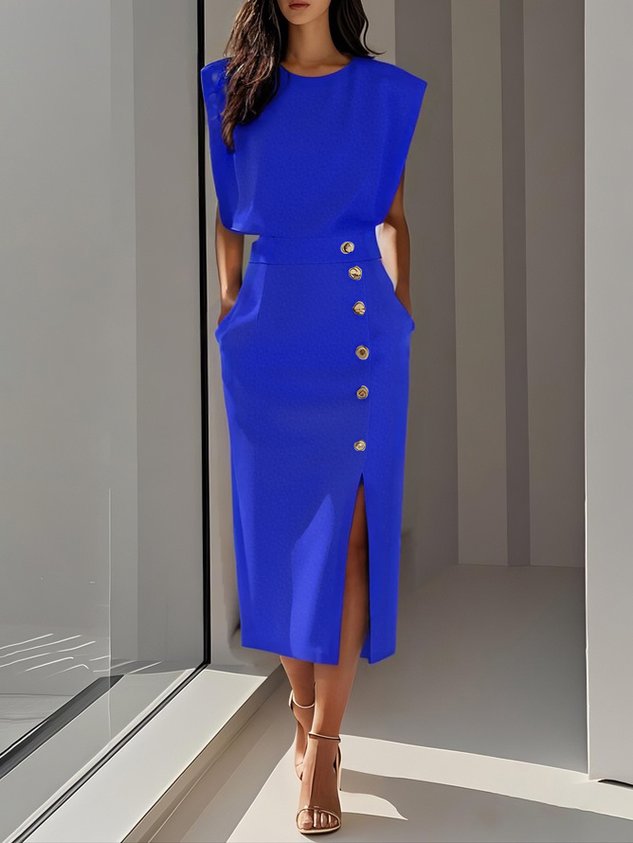 MODEGEIST Damen Midi-Kleid Entspannter Schnitt Knopfdetail Vielseitig