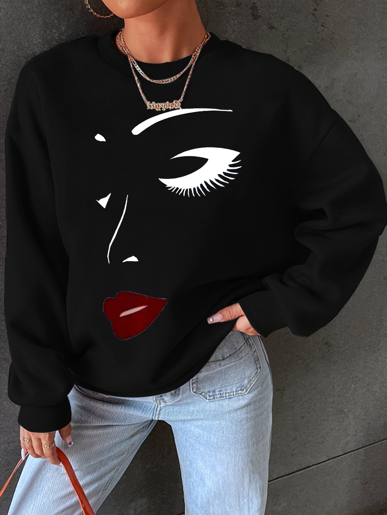ModeGeist | Sweatshirt mit Gesichtsdruck Baumwolle Künstlerisch und Bequem