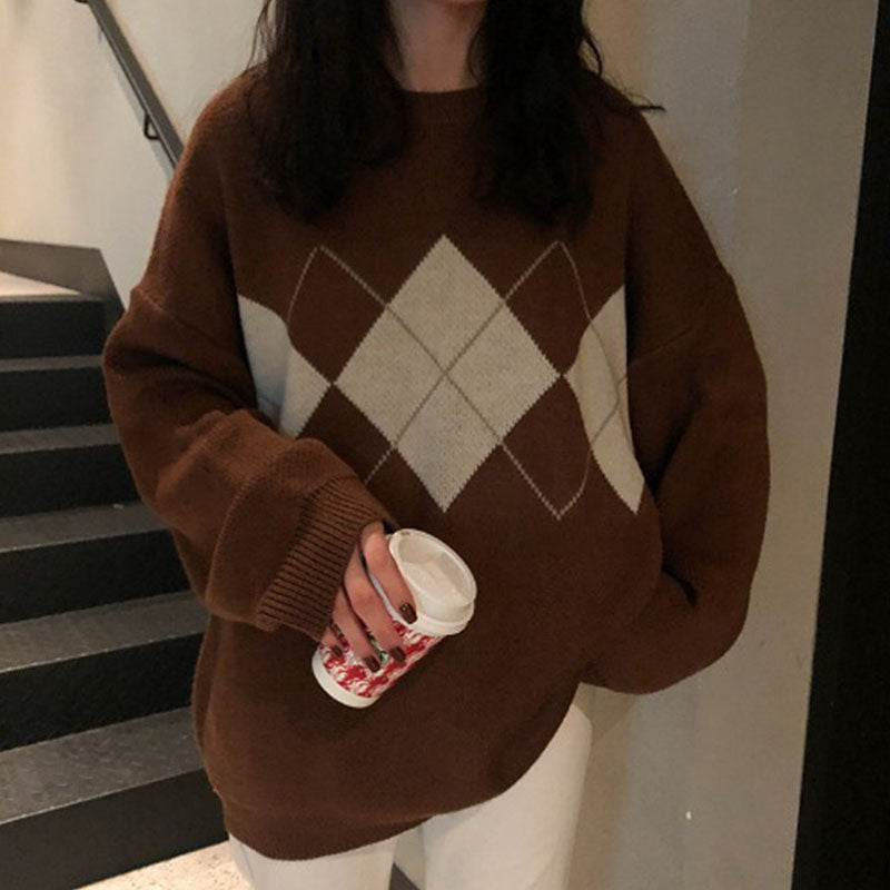 ModeGeist | Oversized Argyle Sweater Weich und Warm Lässig Chic