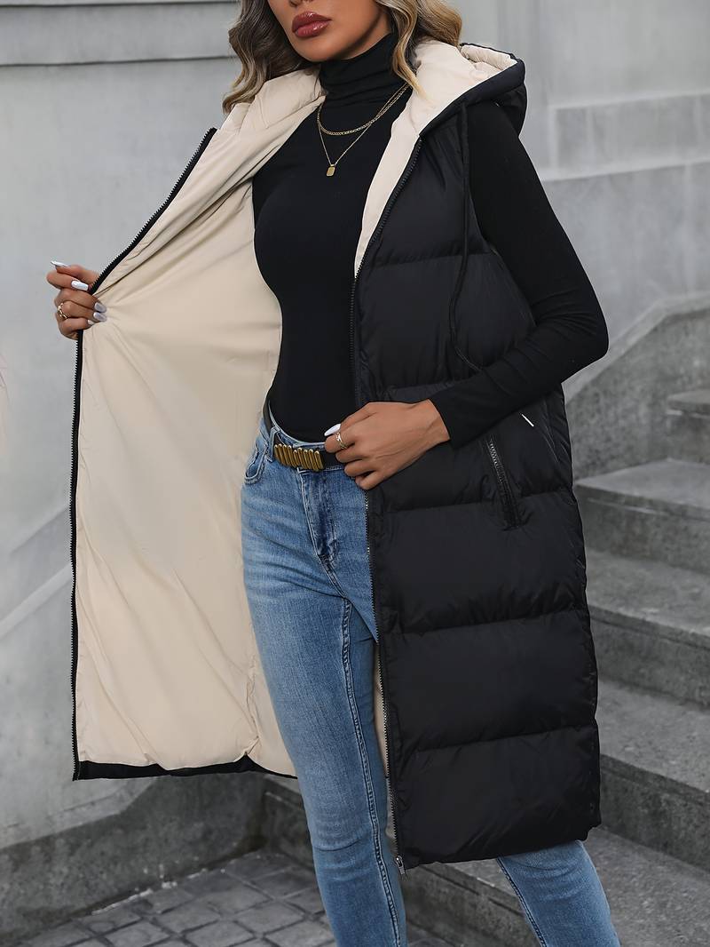 ModeGeist | Damen Lange Weste Mit Kapuze Und Reißverschluss