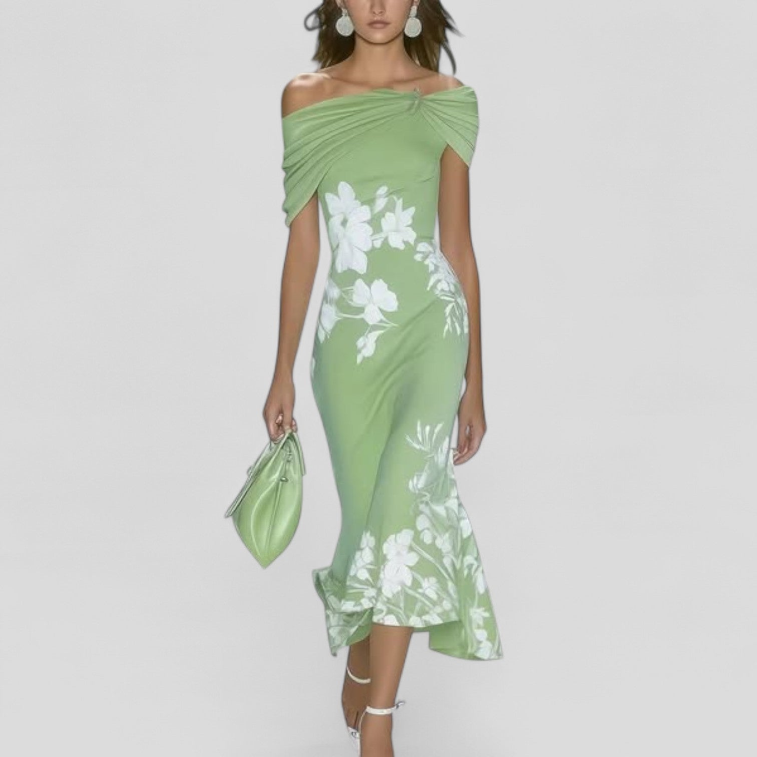 MODEGEIST Damen Off-Shoulder Midi-Kleid salbeigrün Blumenmuster