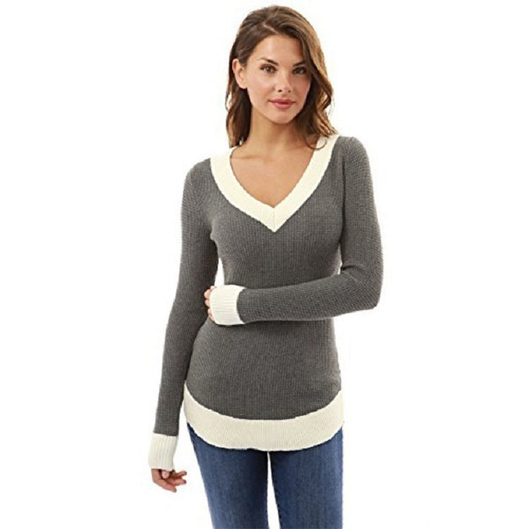 Damen V-Ausschnitt Pullover mit kontrastierenden Abschlüssen ModeGeist