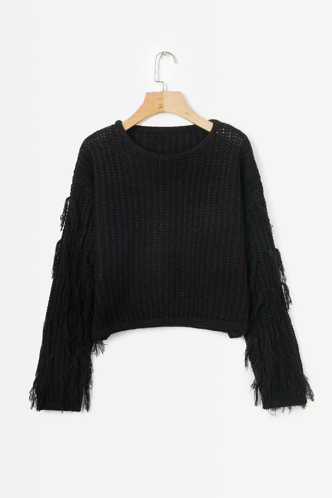 Damen trendiger Grobstrickpullover mit fransigen Ärmeln ModeGeist