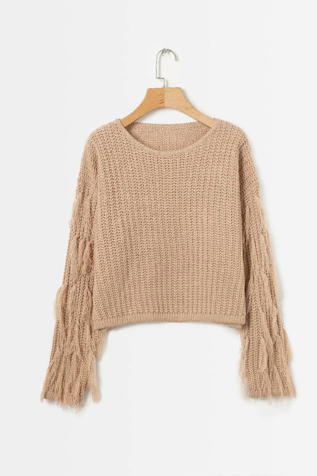Damen trendiger Grobstrickpullover mit fransigen Ärmeln ModeGeist