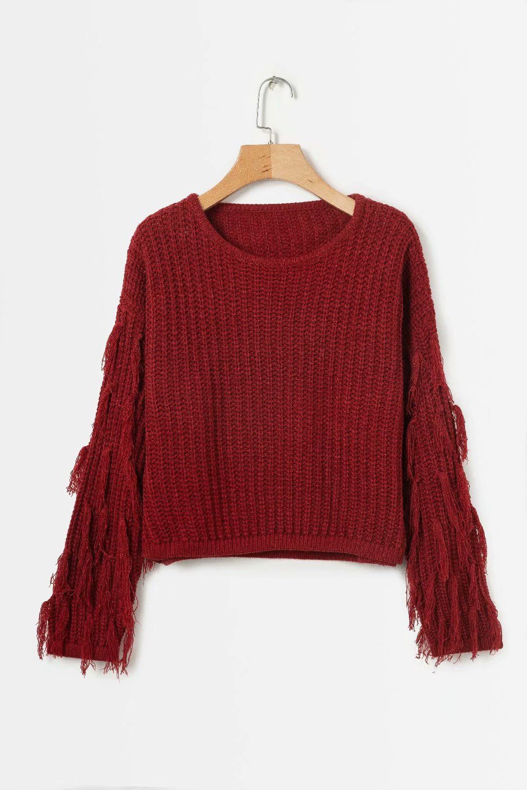 Damen trendiger Grobstrickpullover mit fransigen Ärmeln ModeGeist