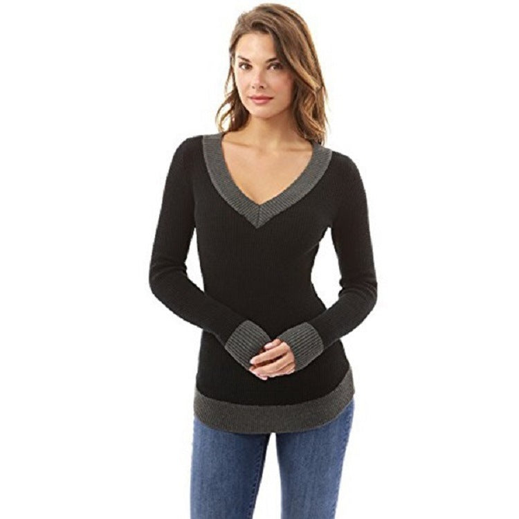 Damen V-Ausschnitt Pullover mit kontrastierenden Abschlüssen ModeGeist