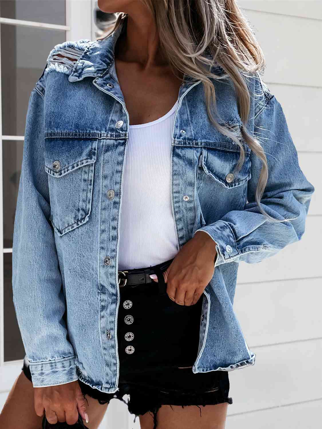 ModeGeist | Ausgefranste Snap Down Denimjacke