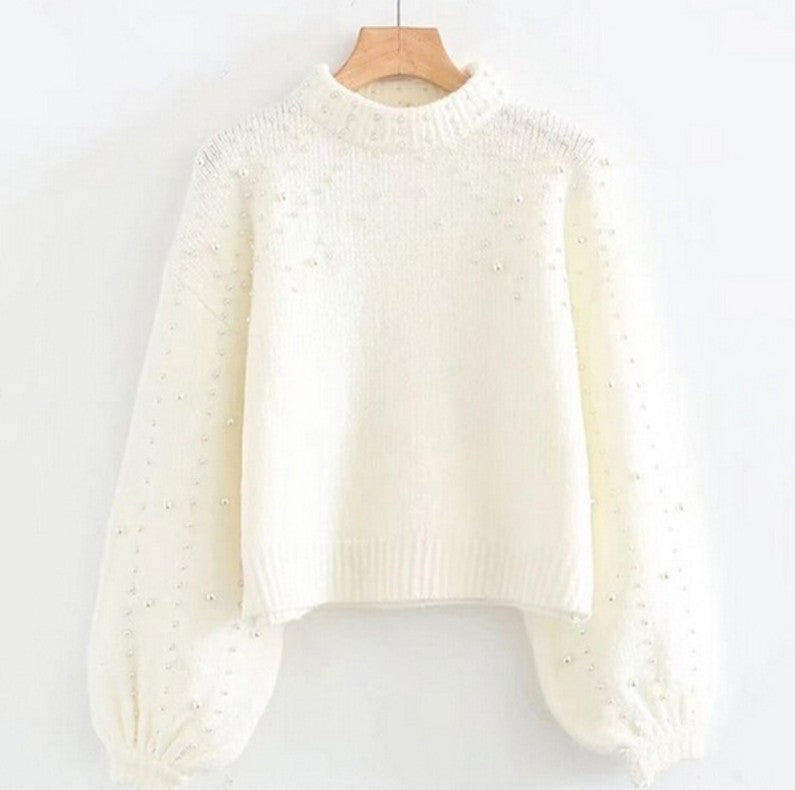 Damen Pullover mit schimmernden Perlendetails und voluminösen Ärmeln ModeGeist