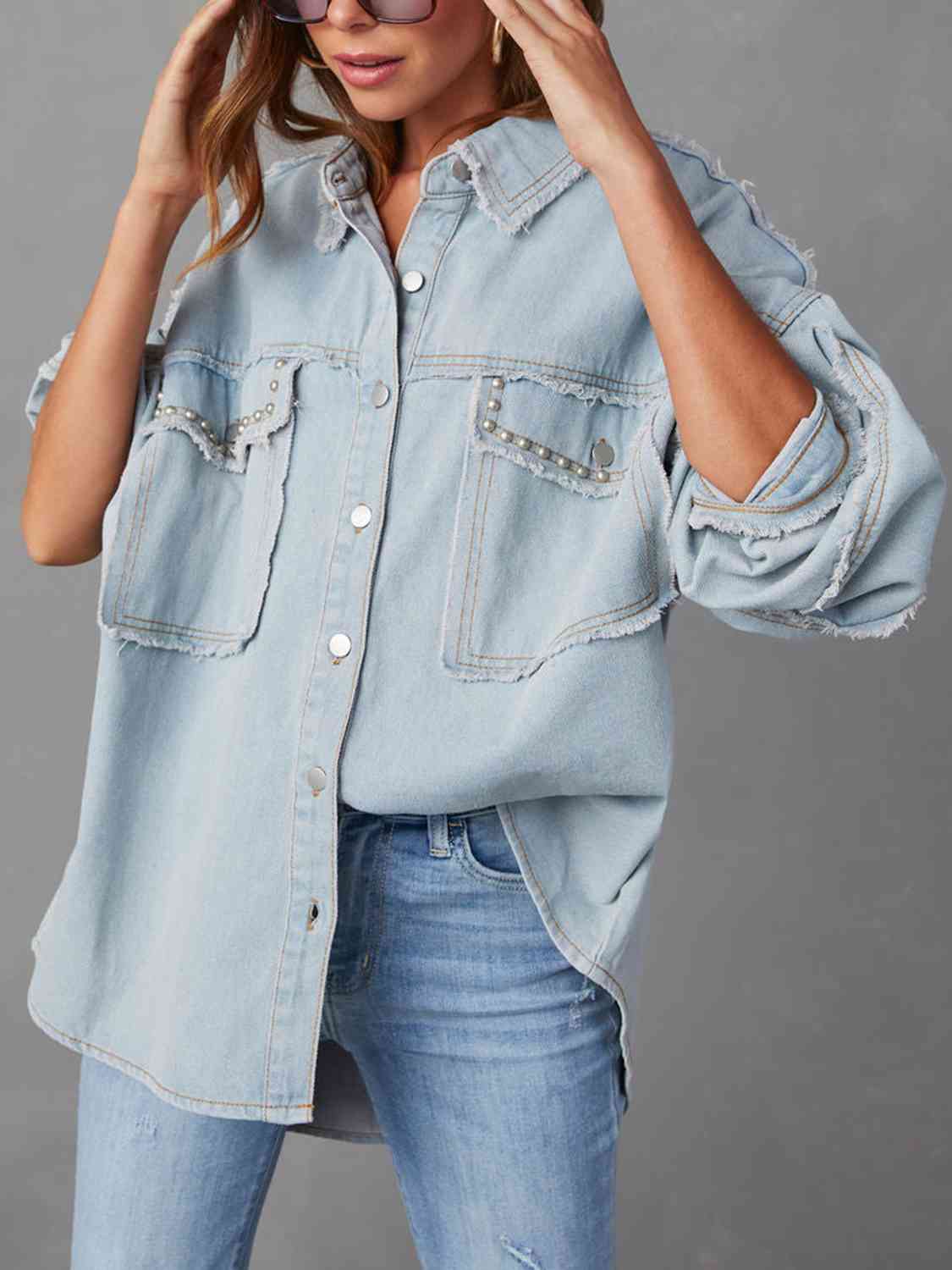 ModeGeist | Button Down Raw Hem Denim Jacke