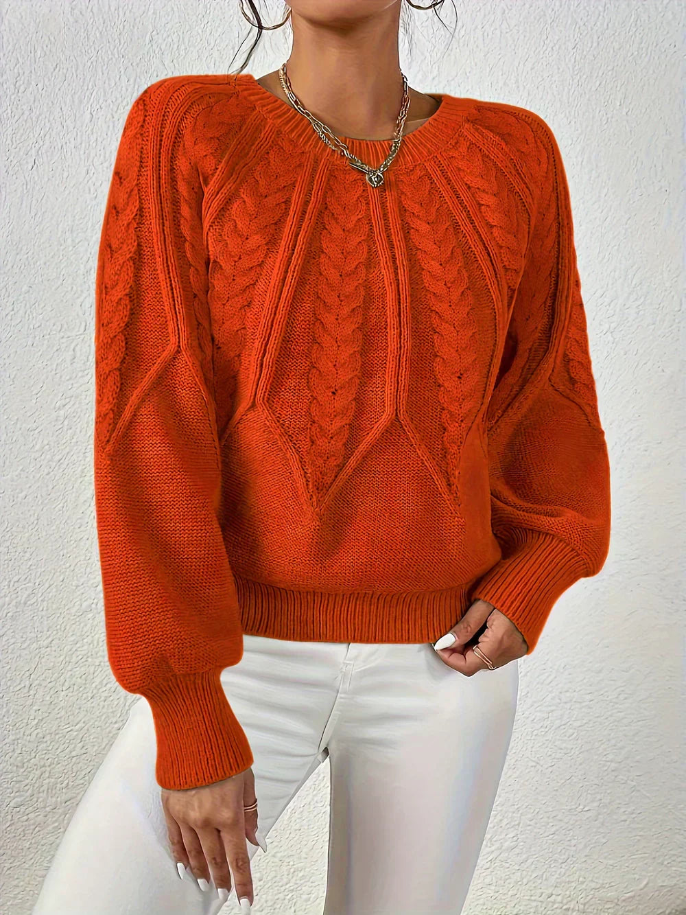 MODEGEIST Damen Strickpullover Cable-Knit Oversize Beige Baumwolle