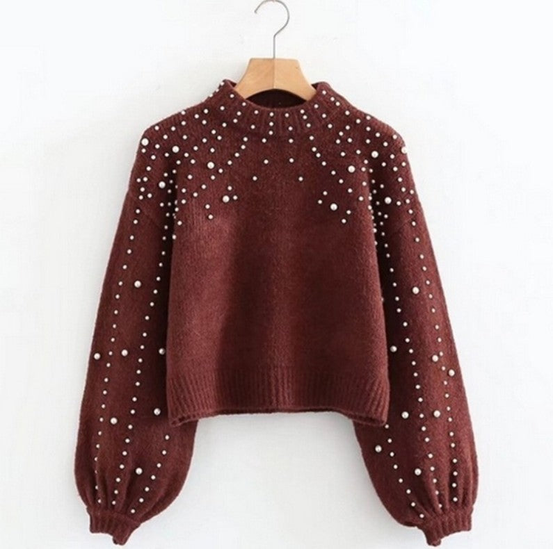 Damen Pullover mit schimmernden Perlendetails und voluminösen Ärmeln ModeGeist