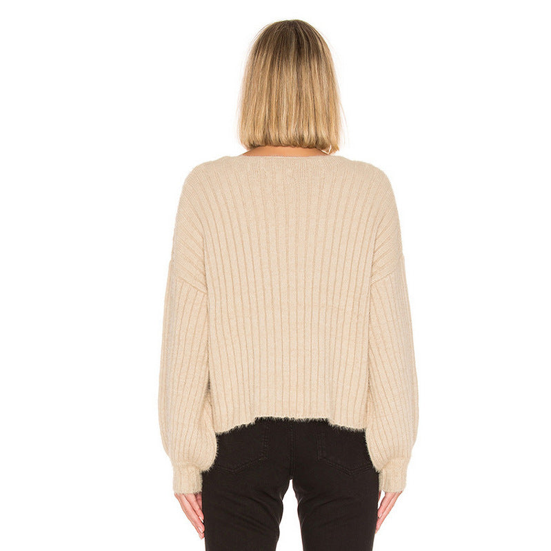 Damen modischer Strickpullover mit überschnittenen Ärmeln und feiner Rippstruktur ModeGeist
