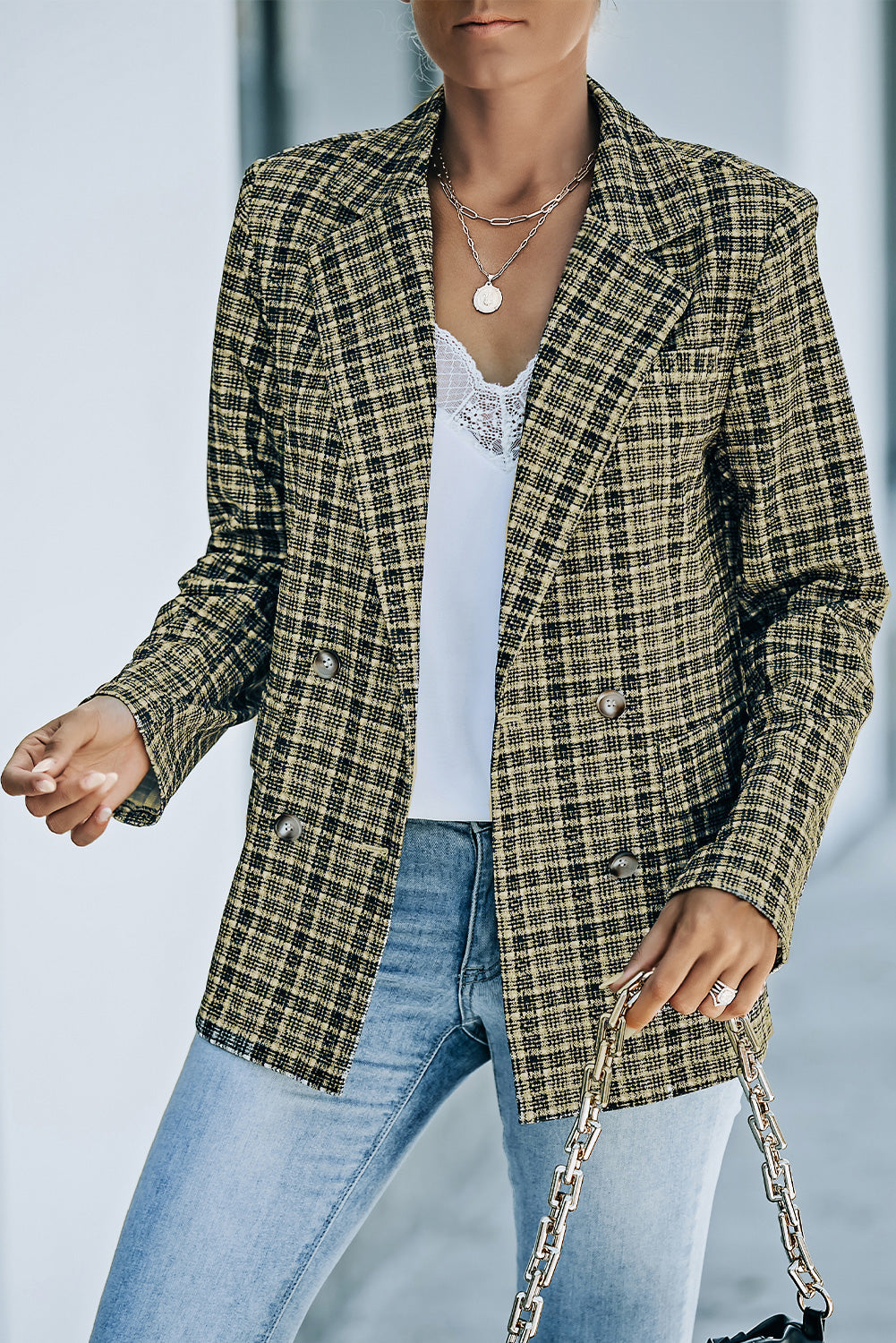 ModeGeist | Karierter Doppelreiher Langarm-Blazer