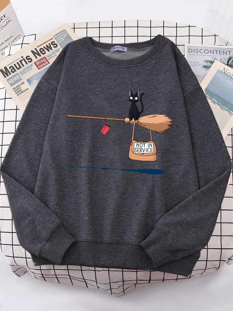 Damen-Pullover mit magischem Besen-Motiv für Katzenliebhaber