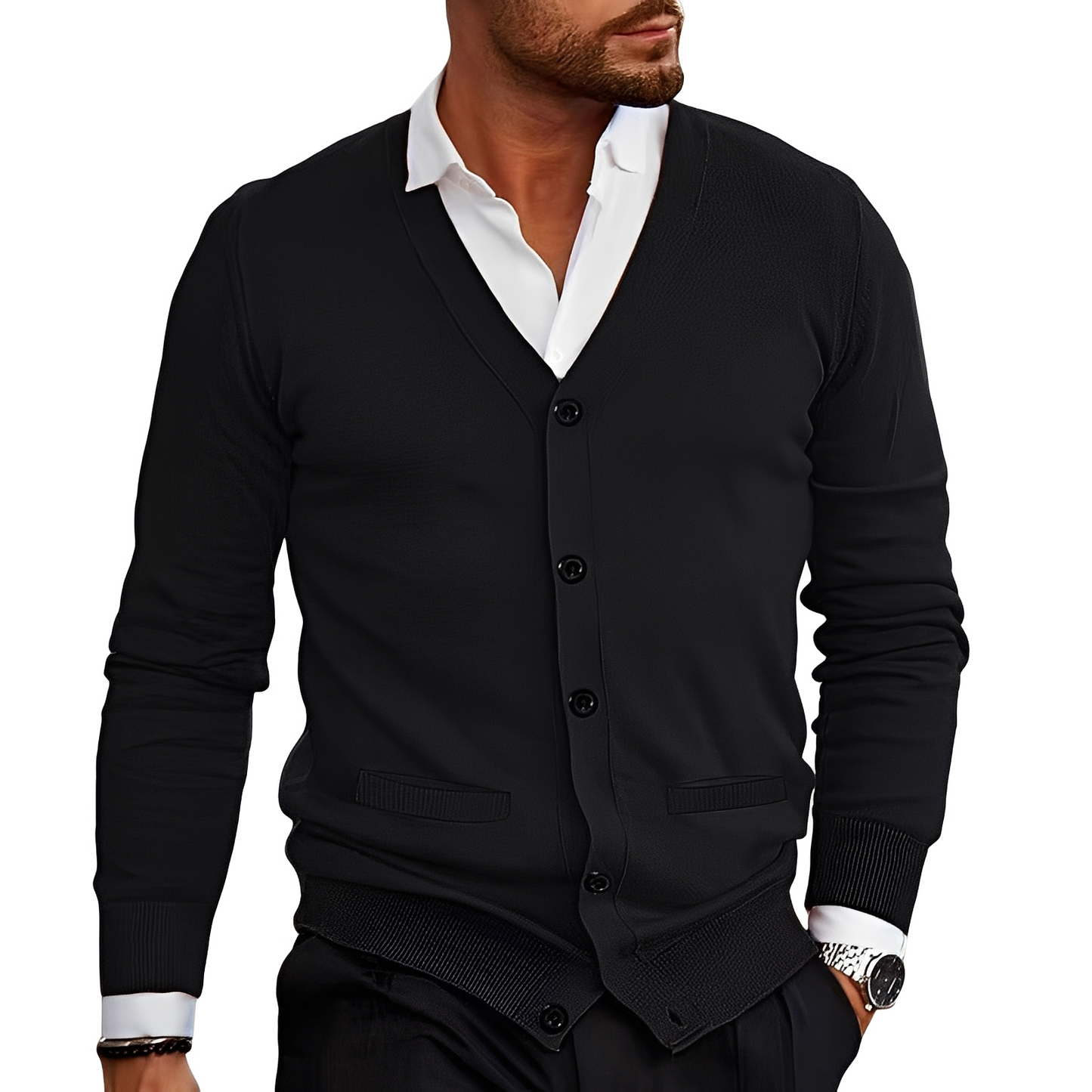 ModeGeist | Eleganter Cardigan mit Knopfblende für Herren
