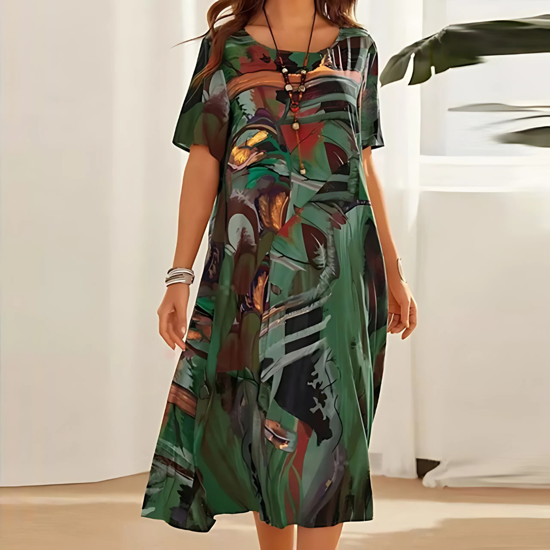 MODEGEIST Damen Midi-Kleid Blumenmuster A-Linie Kurze Ärmel Sommerkleid