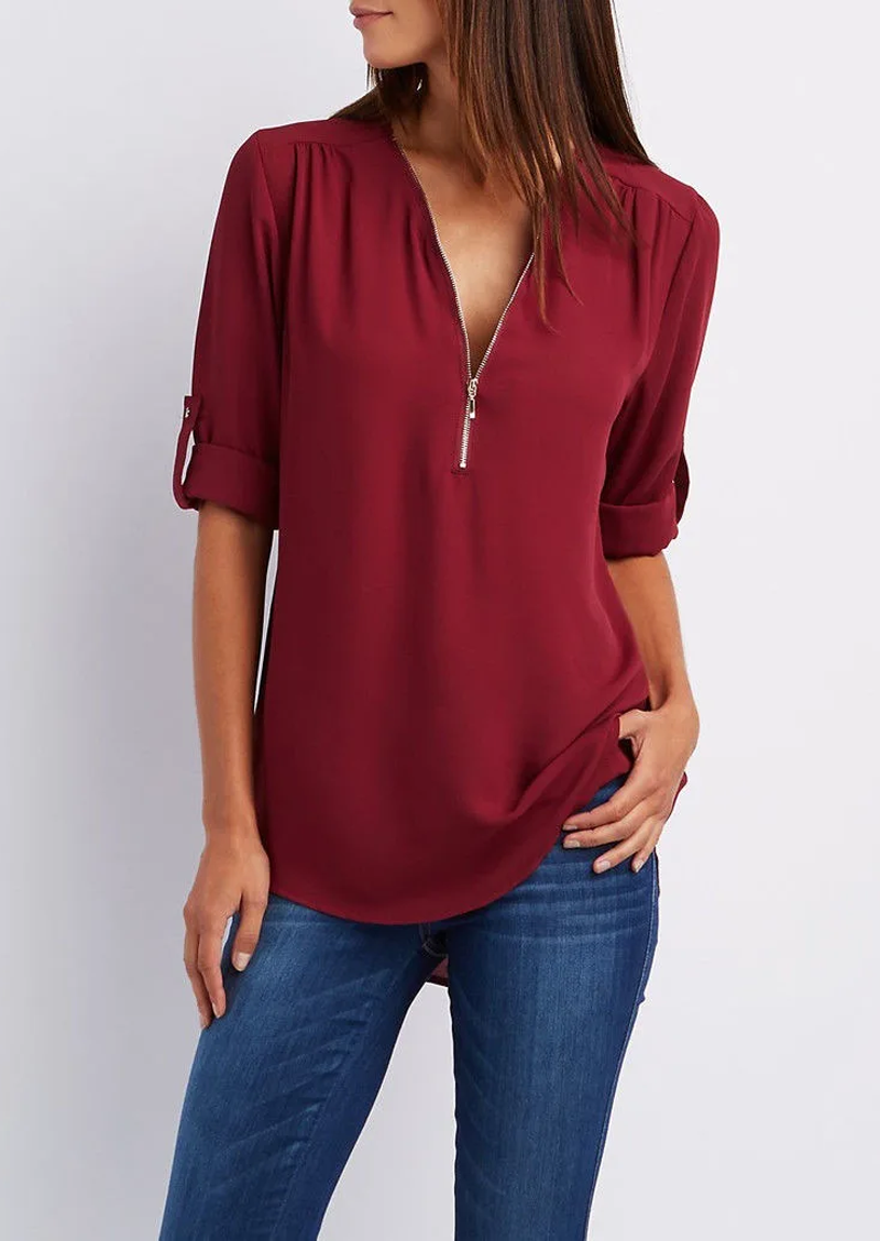 V-Ausschnitt Bluse mit Reißverschluss - Tina