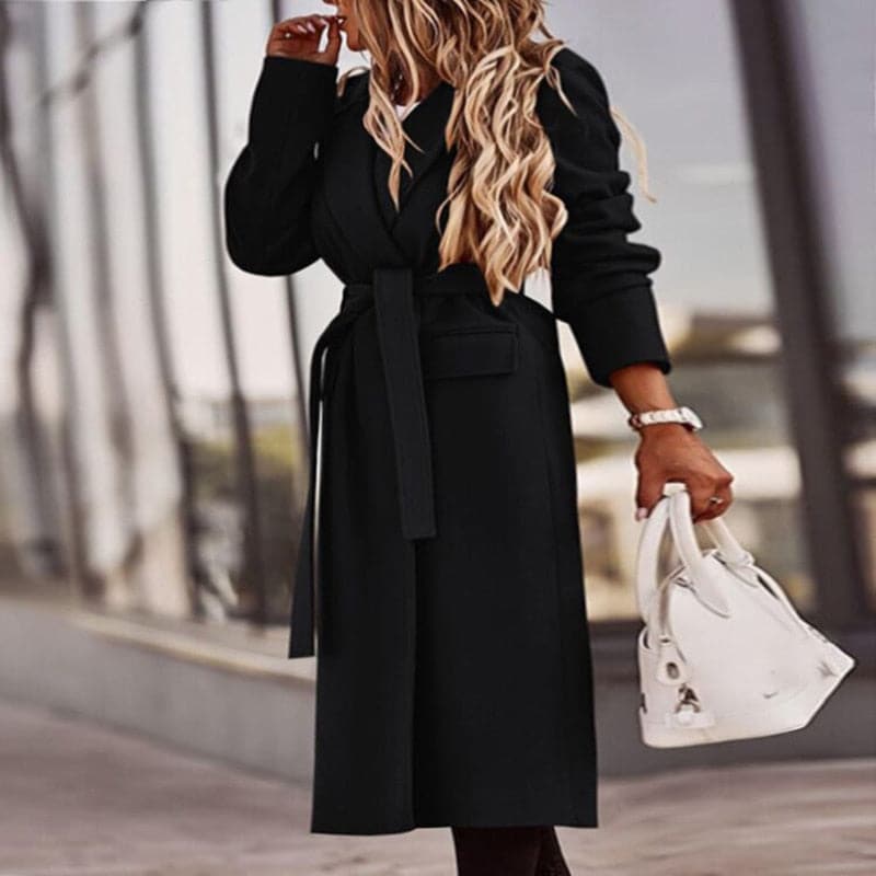 ModeGeist | Trenchcoat - Langer Eleganter Schnitt - Taillengürtel - Klassische Breite Revers