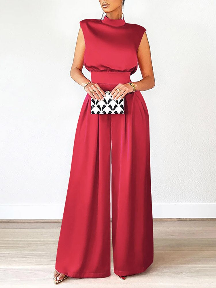 Hochtailige Satin-Jumpsuits von StyleSway ohne Ärmel