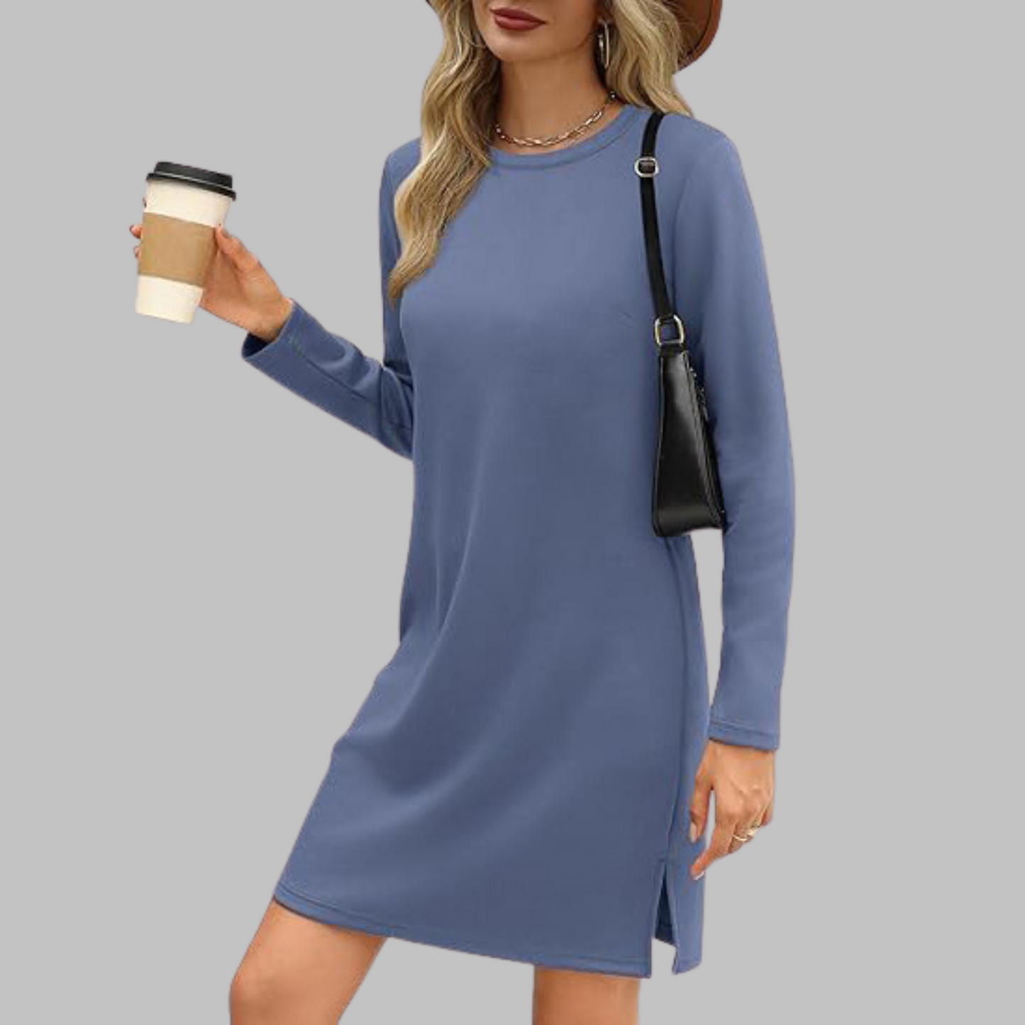 MODEGEIST Damen Langarmkleid Rundhals Relaxed Fit Alltagskleid