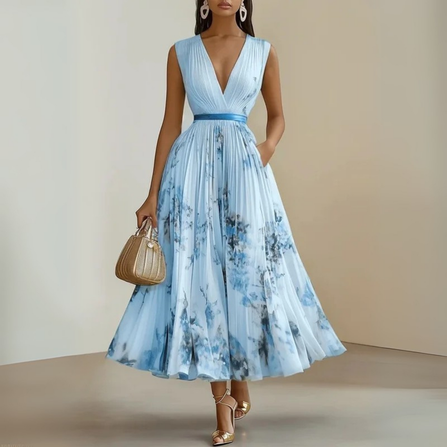 MODEGEIST Damen Maxi-Kleid Ärmellos V-Ausschnitt Leichter Stoff Fließend