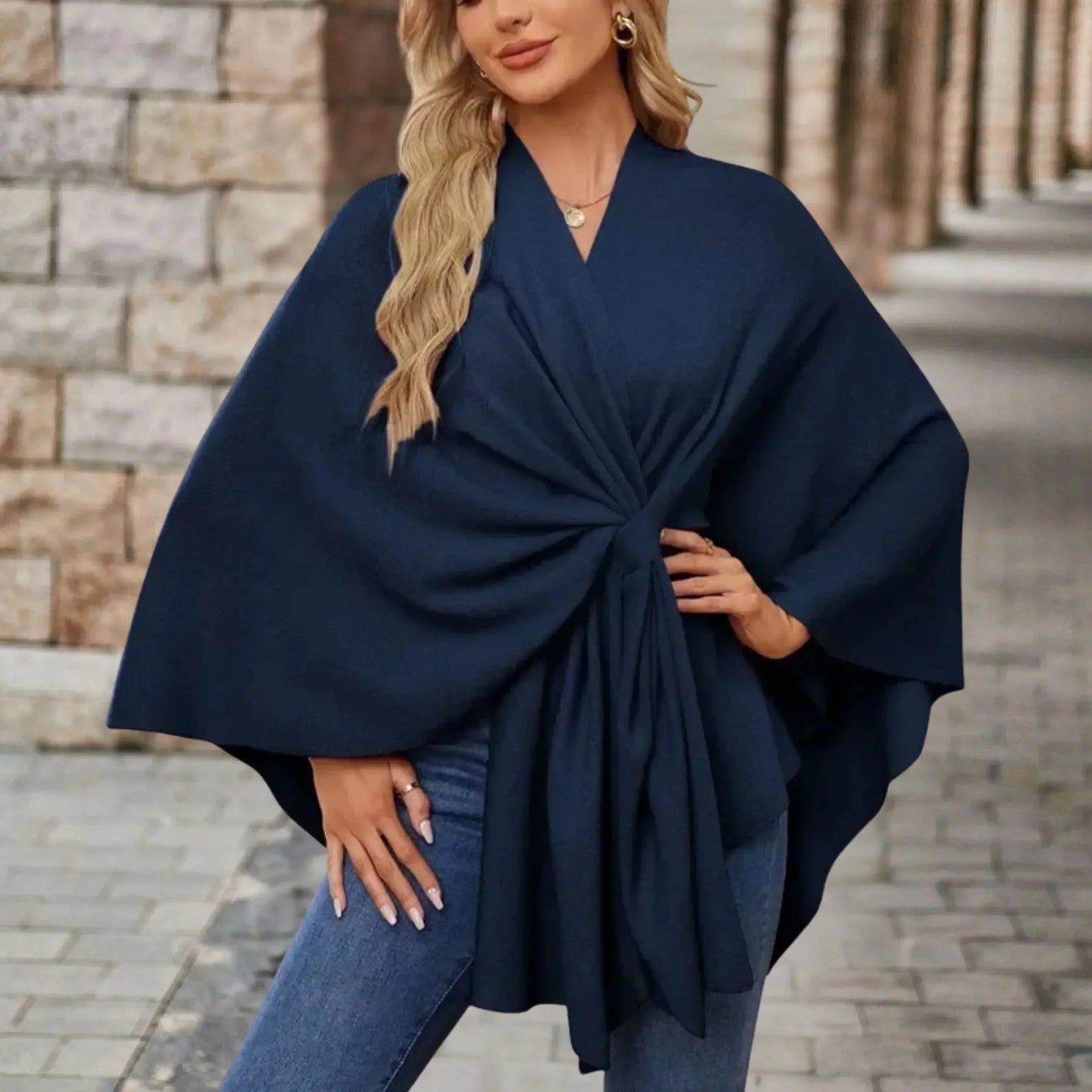 MODEGEIST Damen Poncho Leicht Draped Knoten-Design Oversized