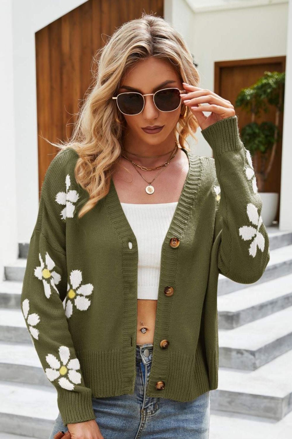 ModeGeist | Floral Ribbed Trim Drop Shoulder Cardigan