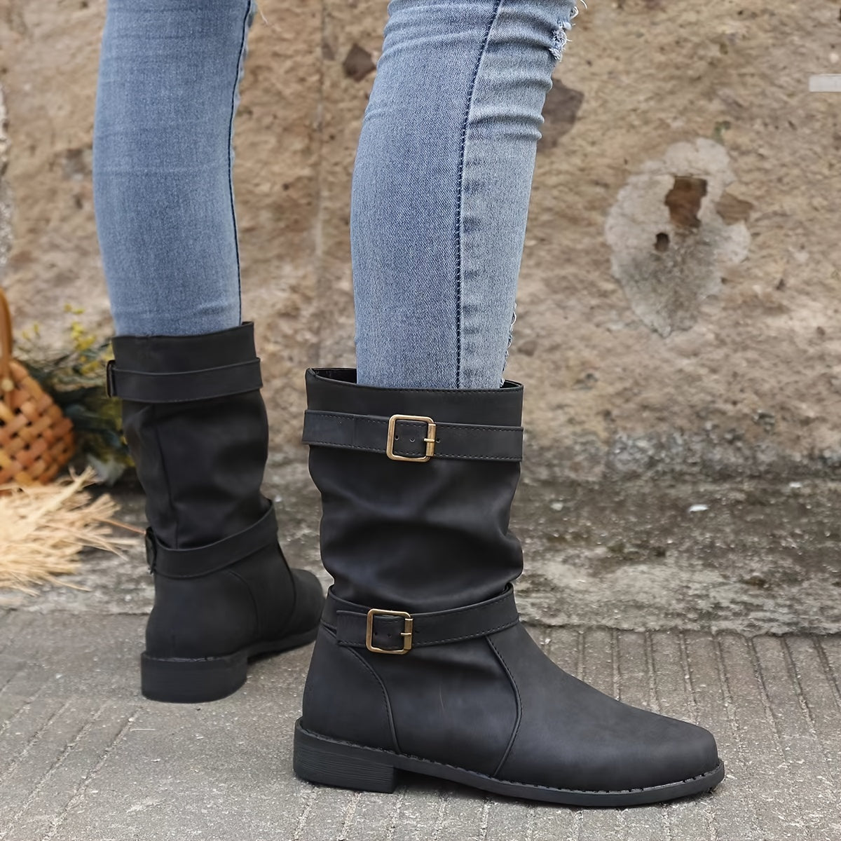 ModeGeist | Retro-Charme Schlabbernde Schnallen-Riemen Western Stiefeletten