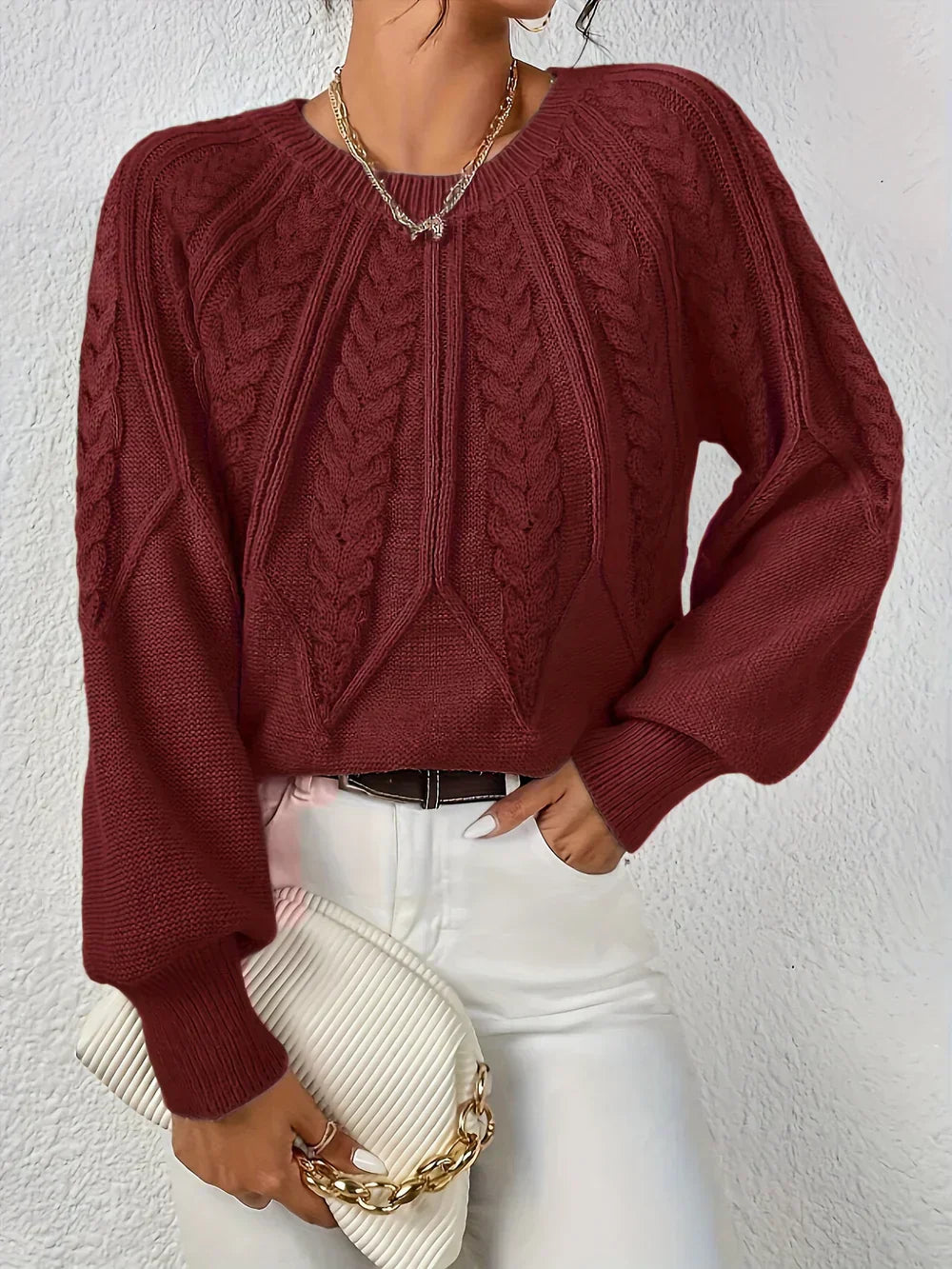 MODEGEIST Damen Strickpullover Cable-Knit Oversize Beige Baumwolle