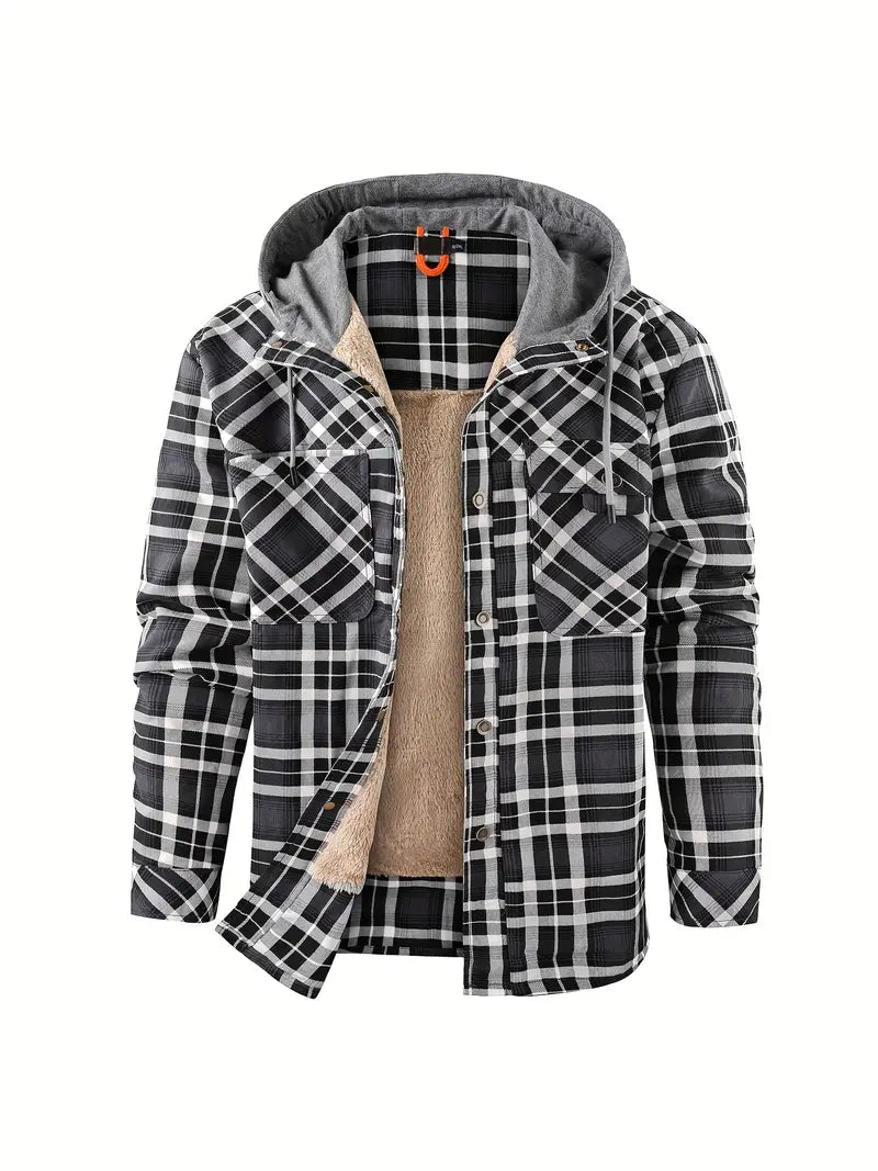 Retro-Karomuster Fleece Kapuzenmantel von Keymirae, warm für Herbst & Winter