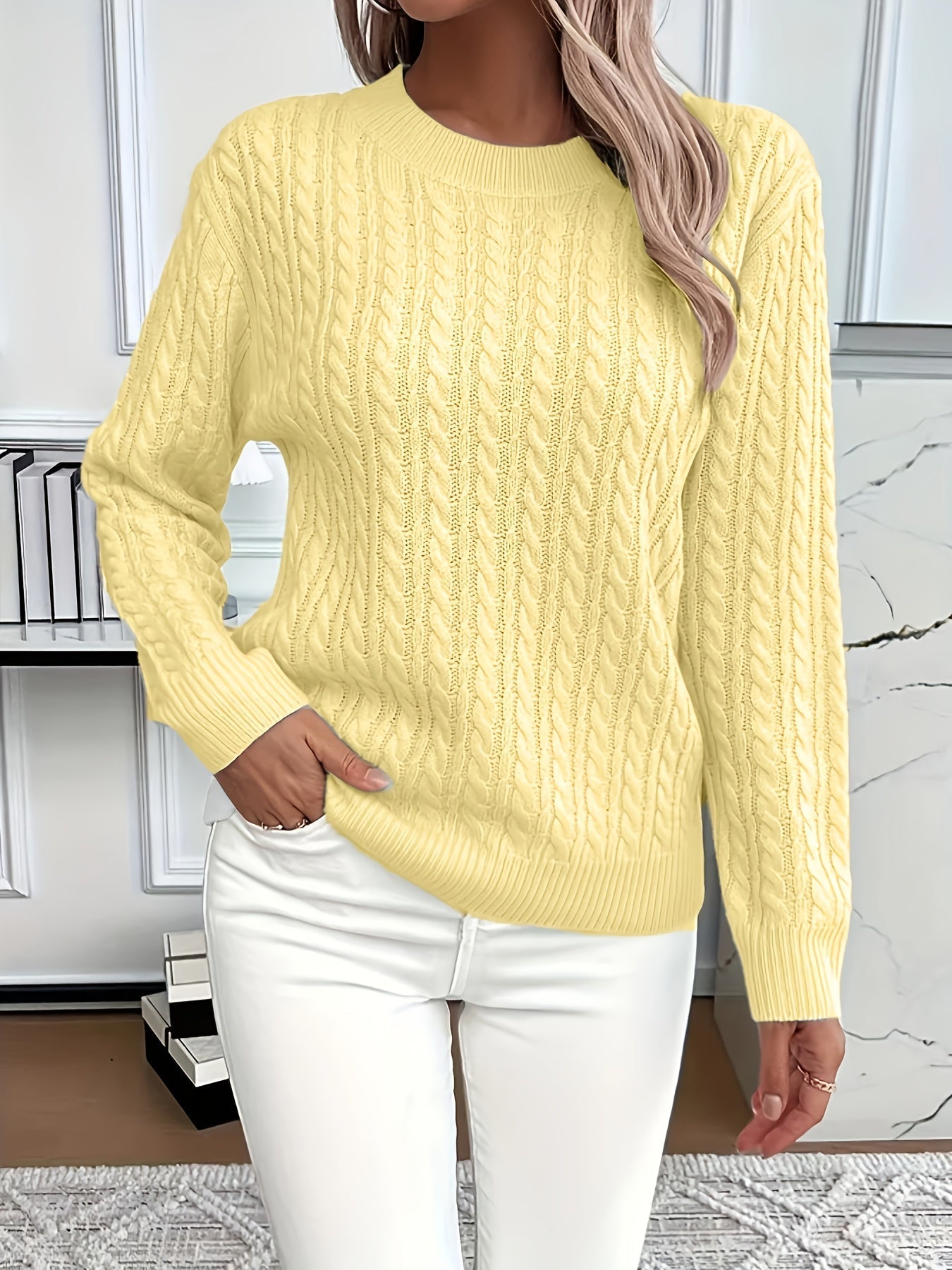 MODEGEIST Damen Cable-Knit Pullover Strick Beige Relaxed-Fit Winter