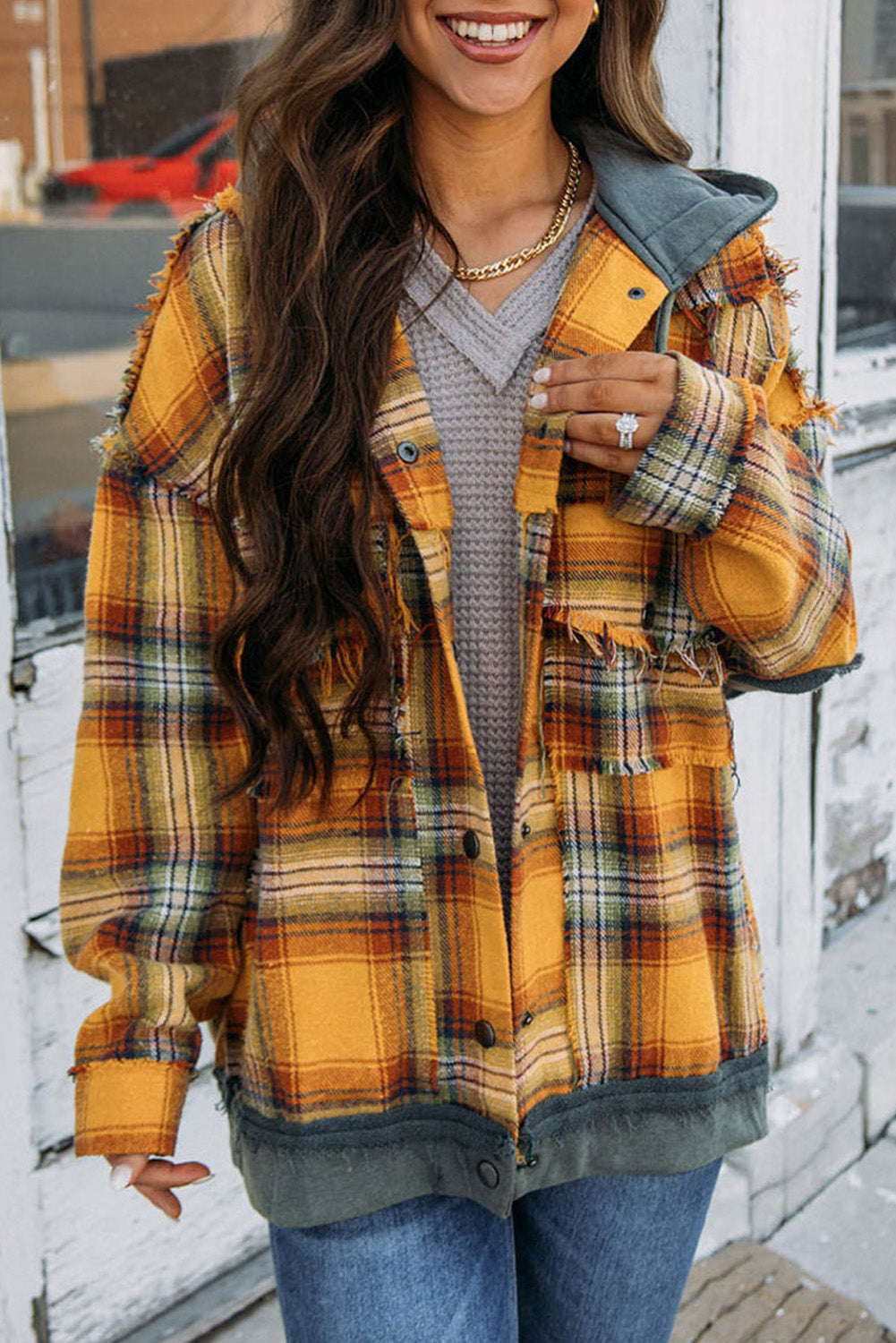 ModeGeist | Karierte Jacke mit Kapuze und Rohen Kanten Baumwolle Lässig und Trendy