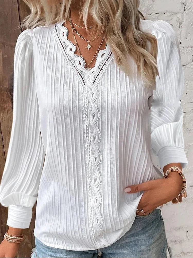 MODEGEIST Damen Bluse Chiffon Spitzendetails Puffärmel Vintage