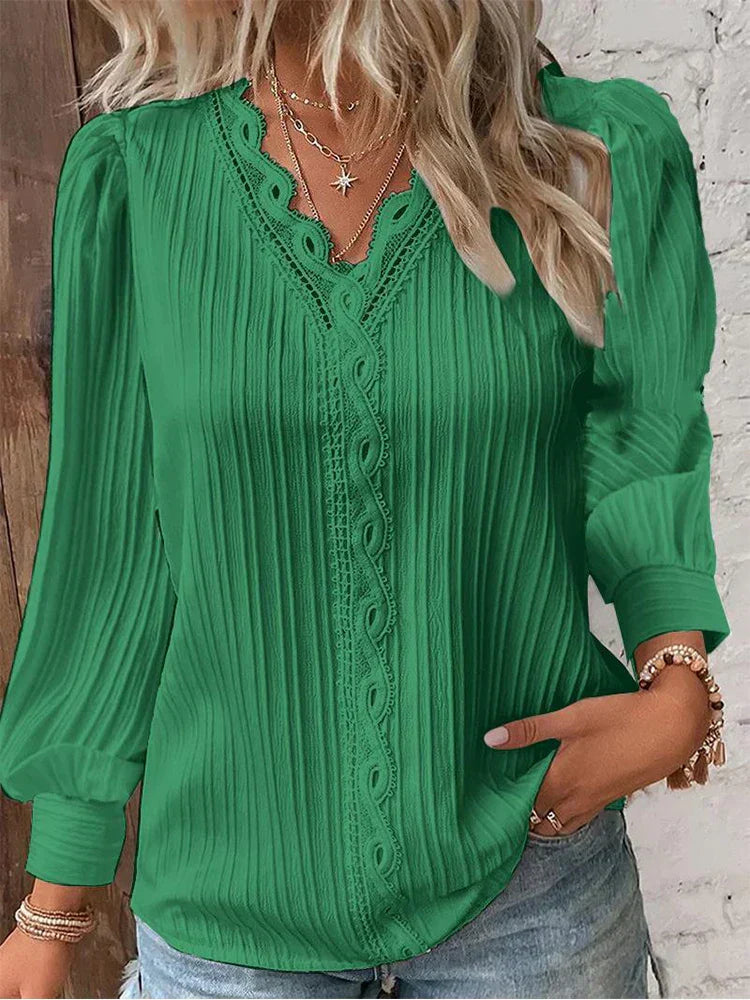 MODEGEIST Damen Bluse Chiffon Spitzendetails Puffärmel Vintage