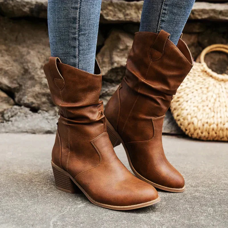 ModeGeist | Retro Gefaltete Oberschenkel Dicke Absatz Spitz Zulaufende Stiefel
