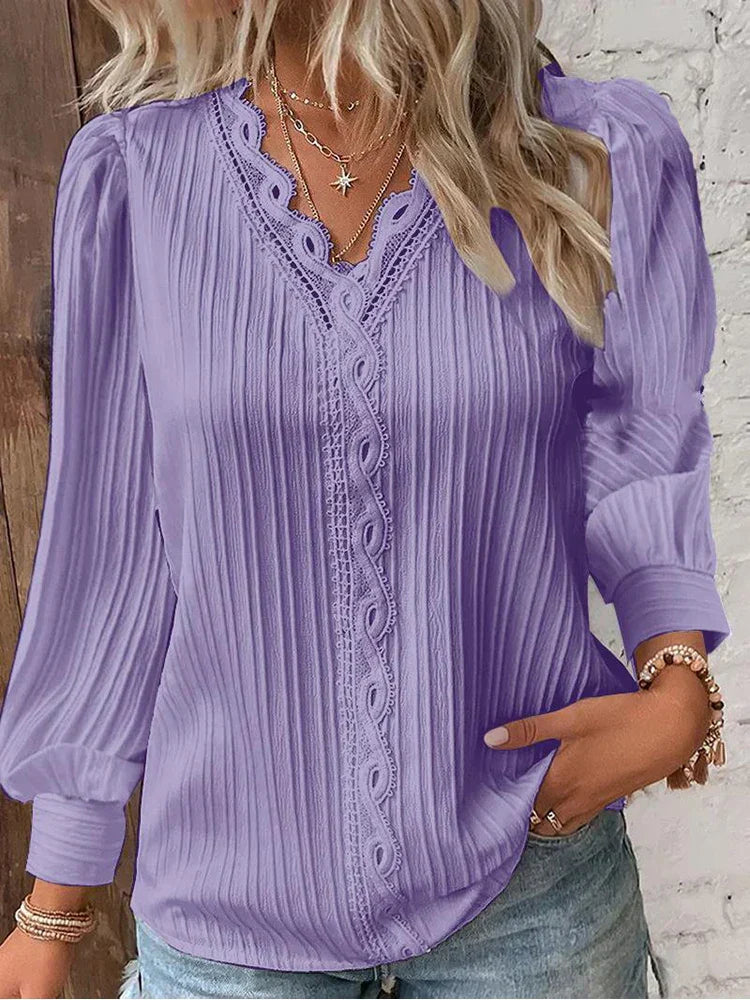 MODEGEIST Damen Bluse Chiffon Spitzendetails Puffärmel Vintage