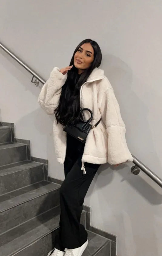 ModeGeist | Oversized Teddyjacke mit Kapuze Fleece Warm und Komfortabel