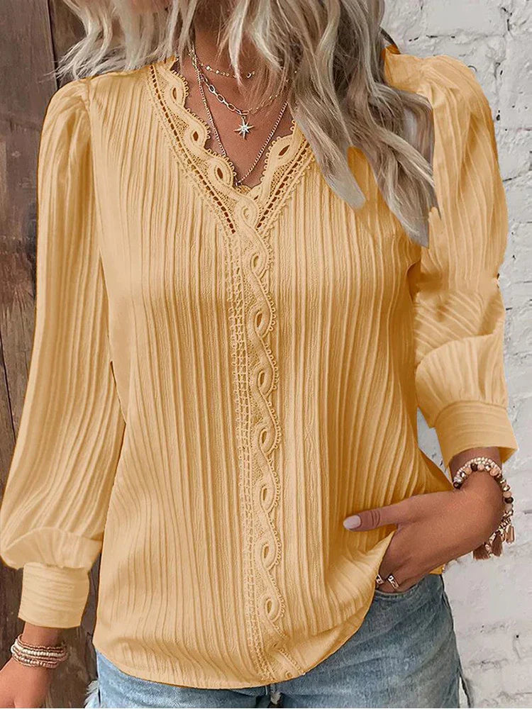 MODEGEIST Damen Bluse Chiffon Spitzendetails Puffärmel Vintage
