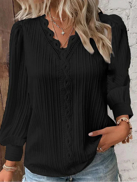 MODEGEIST Damen Bluse Chiffon Spitzendetails Puffärmel Vintage