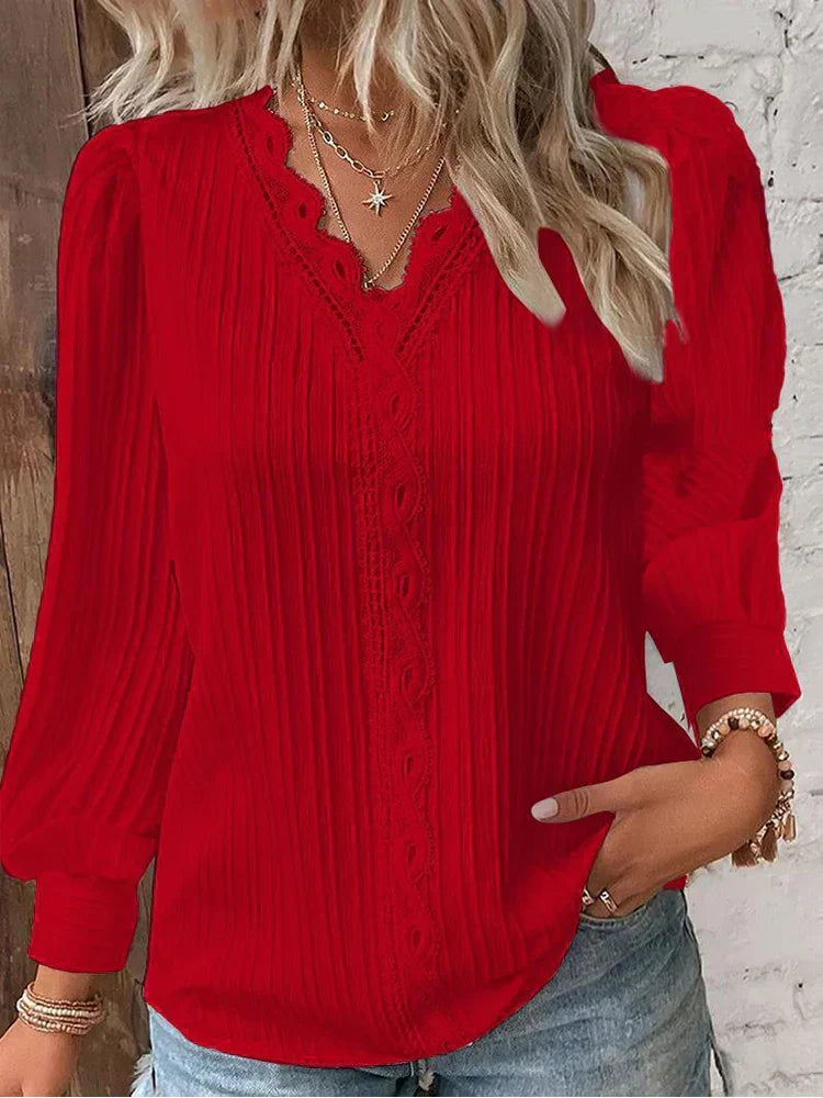 MODEGEIST Damen Bluse Chiffon Spitzendetails Puffärmel Vintage