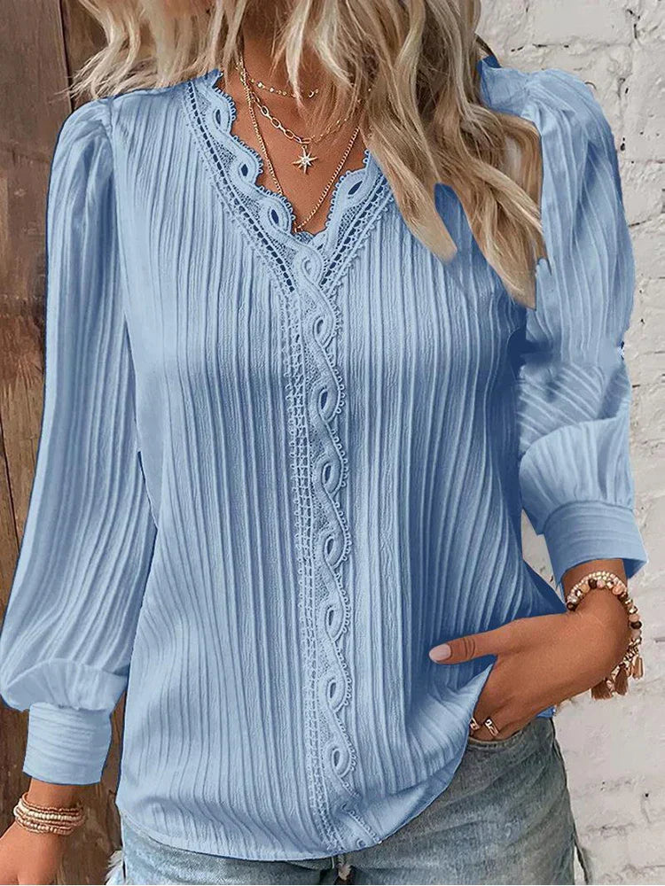 MODEGEIST Damen Bluse Chiffon Spitzendetails Puffärmel Vintage