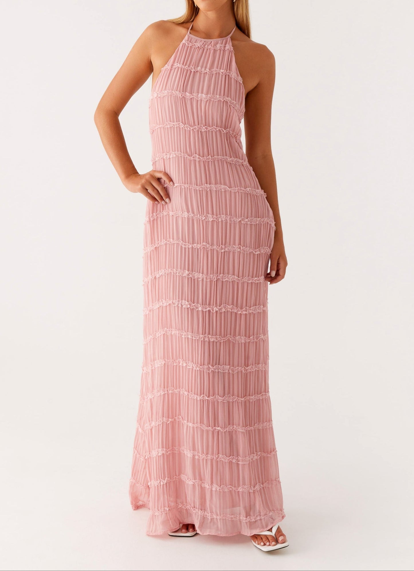 MODEGEIST Damen Maxi-Kleid Neckholder Fließend Verstellbar Rosa