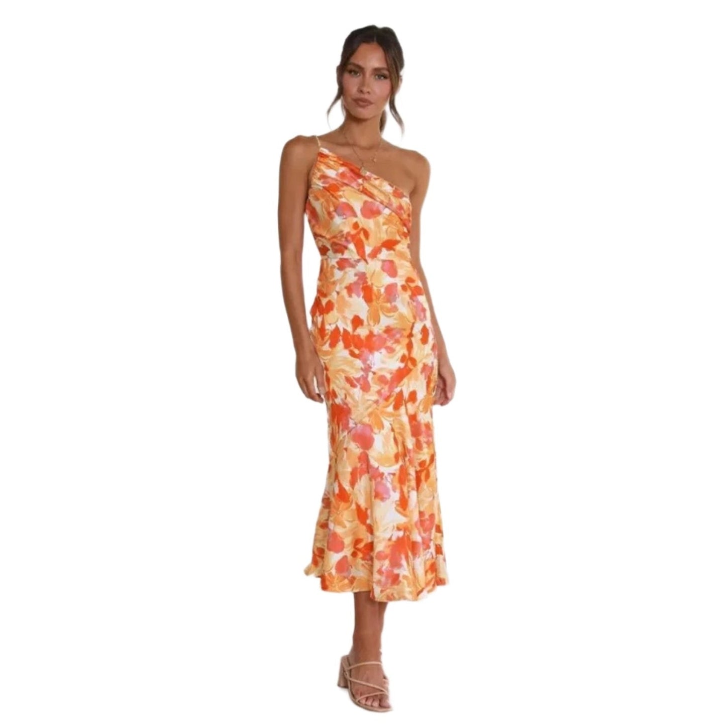 MODEGEIST Damen Maxikleid One-Shoulder Blumenmuster Asymmetrisch